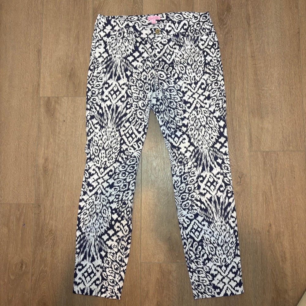 Lilly Pulitzer Kelly Ankle Pants Navy White Ikat Jacquard Trousers Womens 8 - Picture 2 of 11
